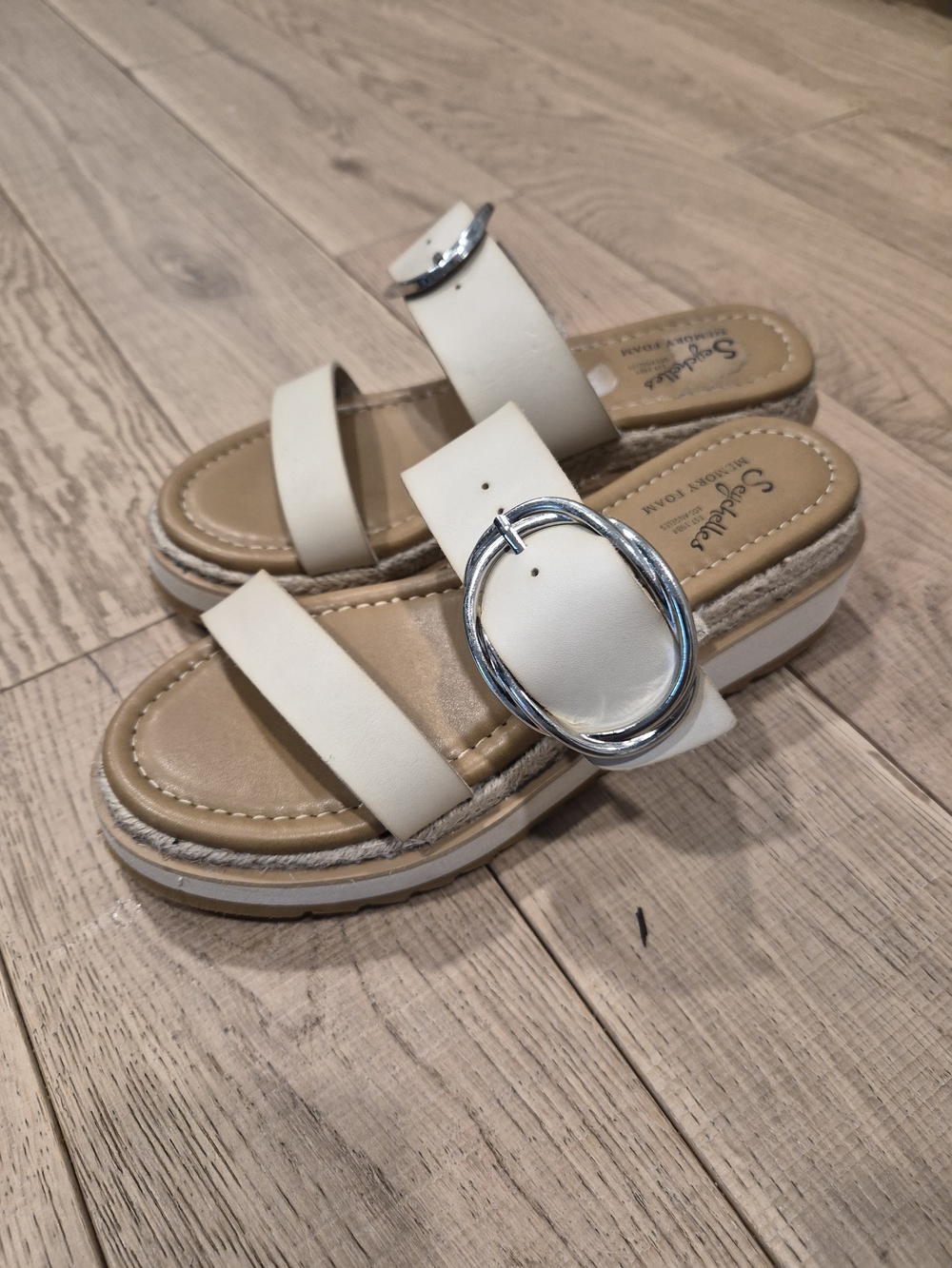 Seychelles Off White Buckle Slide Sandals